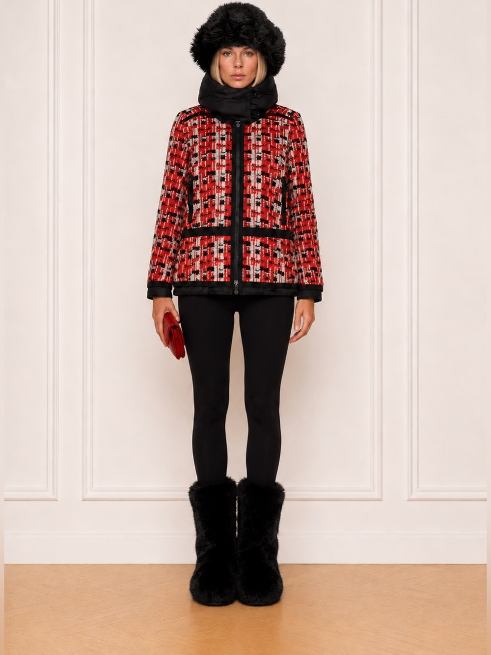 Moncler Grenoble Red and Black Tweed Hooded down filled puffer Jacket